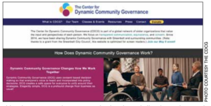 Picture shows the dynamic-governance website home page. None of the words are very legible. The picture shows a group of people sitting in a meeting in a circle. One person is in a wheel chair. 